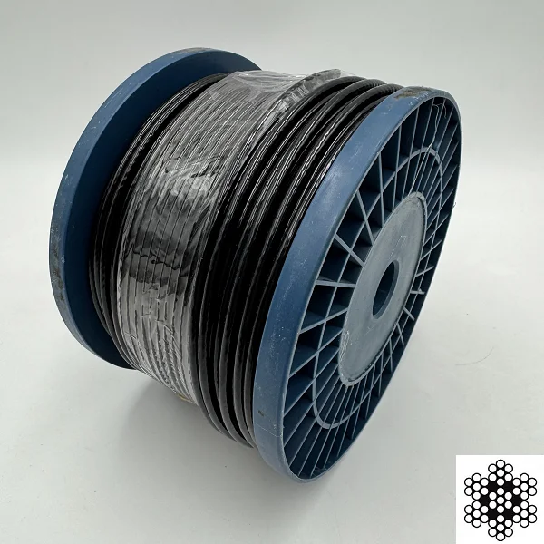 Канат, трос сталевий 6х7 оцинкований DIN 3055 в ПВХ чорній оболонці 4 мм (бухта 100м)